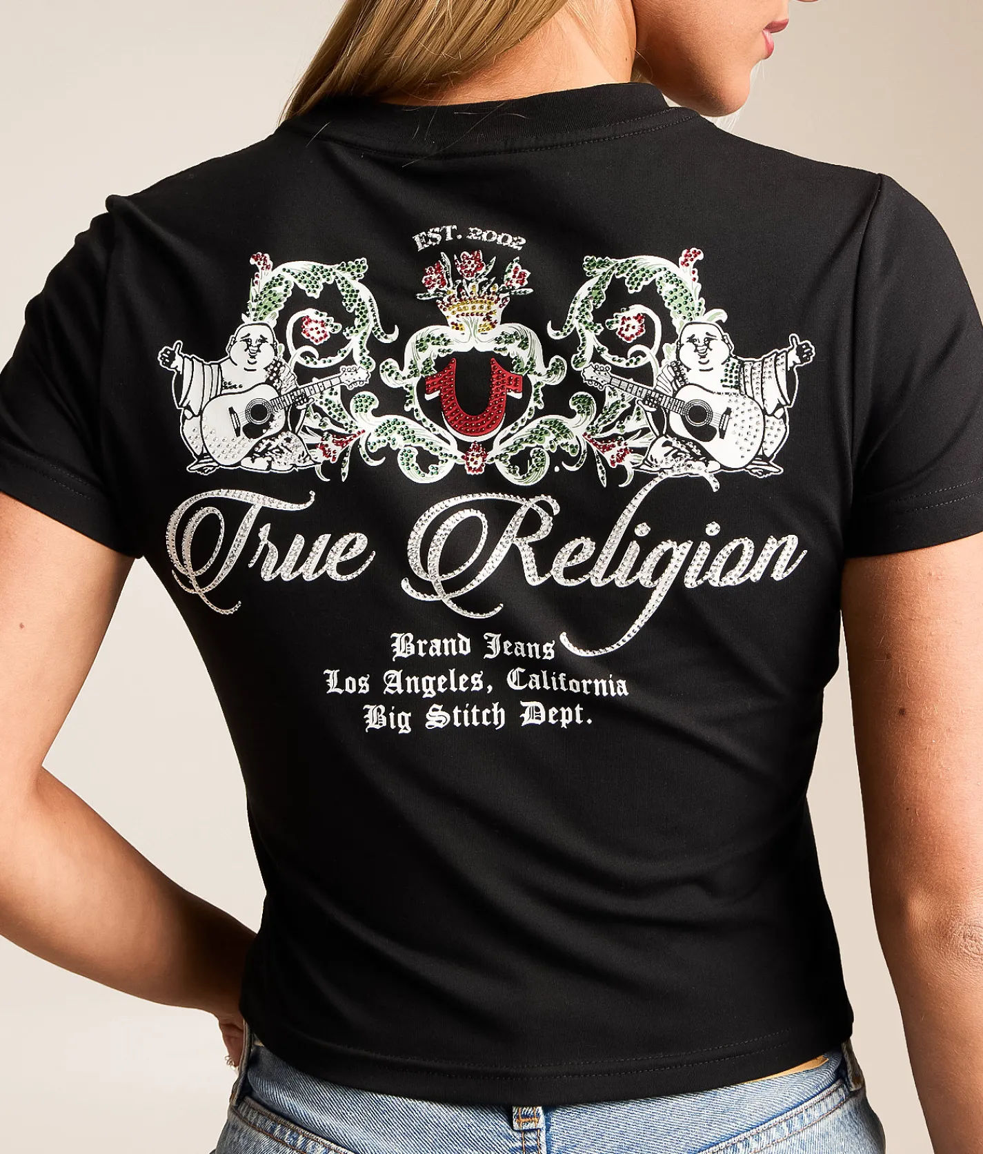 True Religion Crystal Buddha Cropped Baby T-Shirt Jet Black Hot