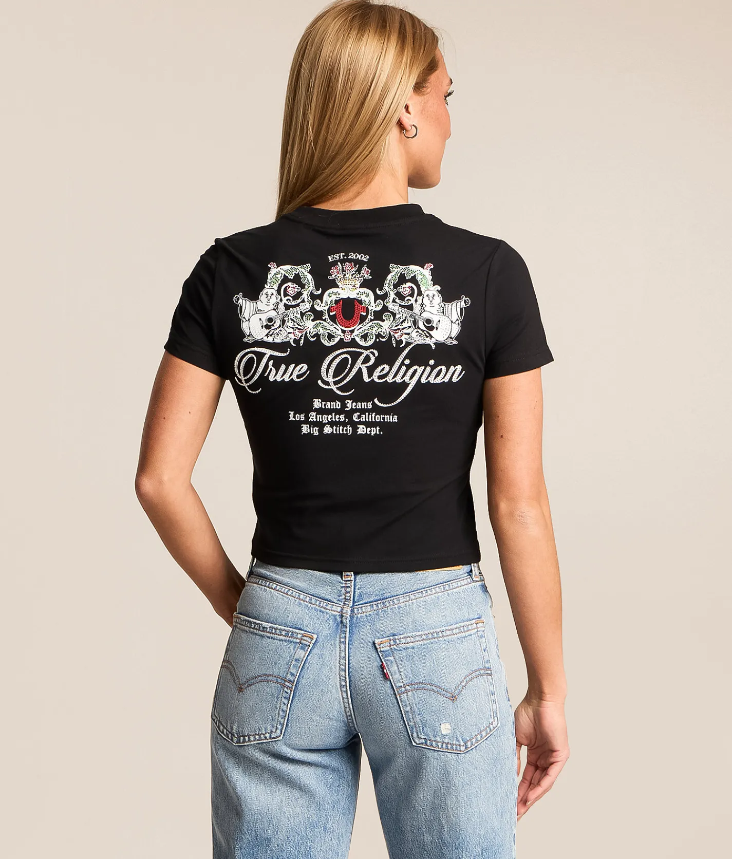 True Religion Crystal Buddha Cropped Baby T-Shirt Jet Black Hot