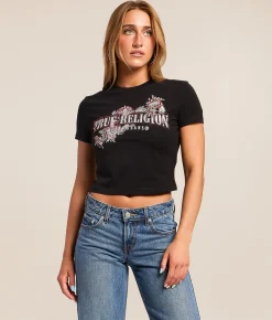 True Religion Crystal Snake Baby Cropped T-Shirt Jet Black New