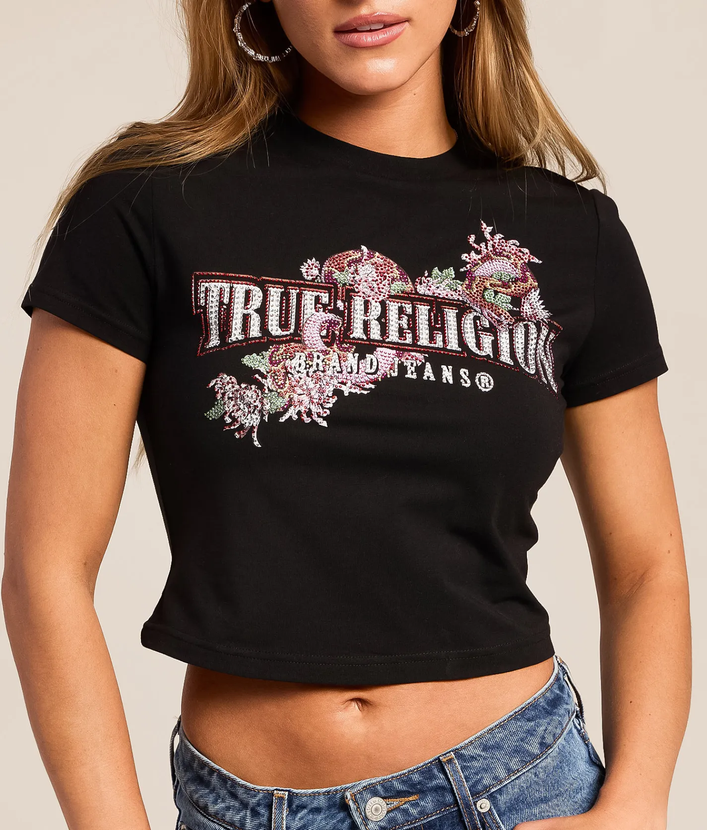 True Religion Crystal Snake Baby Cropped T-Shirt Jet Black New
