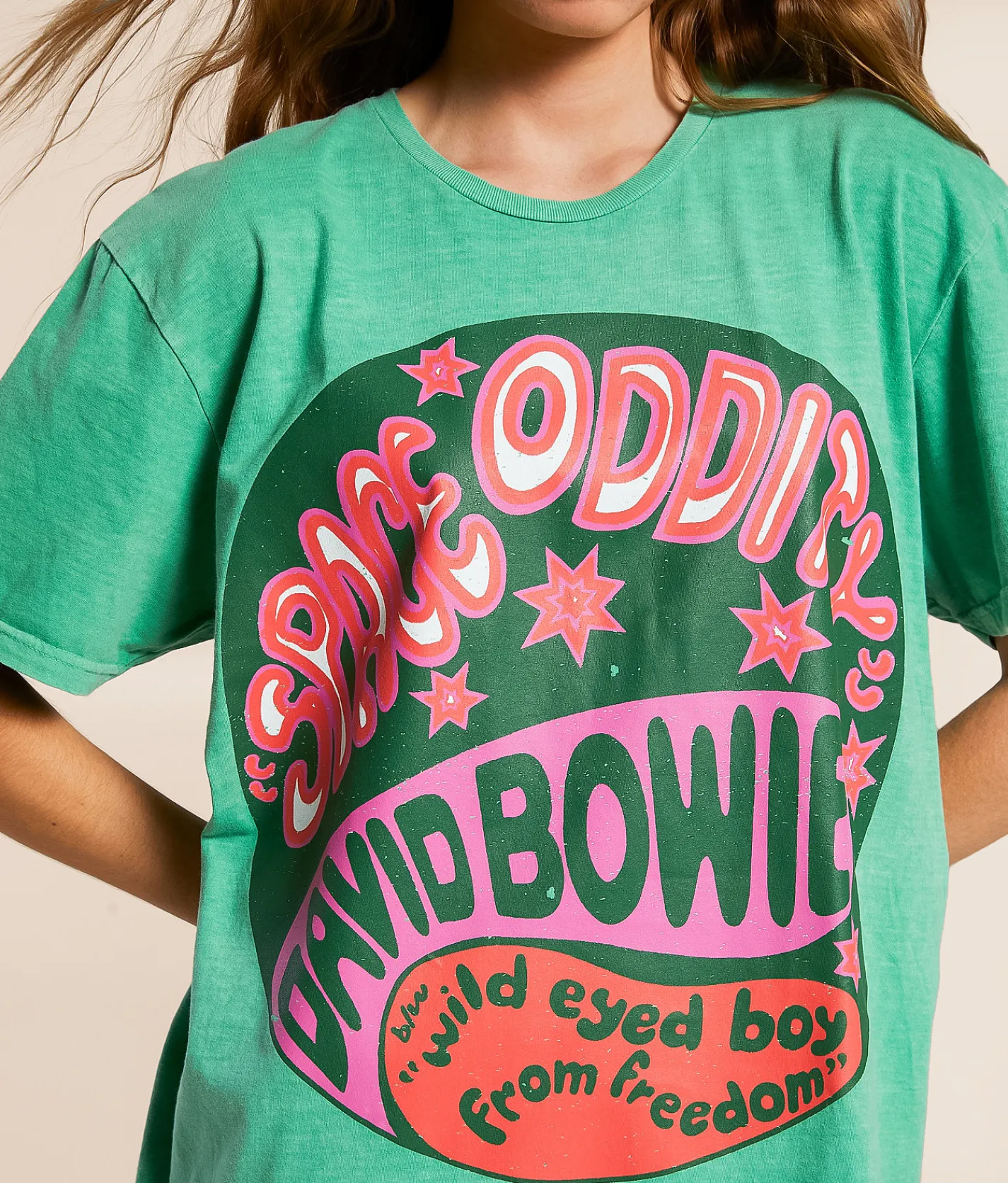 PHILCOS Davie Bowie Space Oddity Oversized Band T-Shirt Green Discount