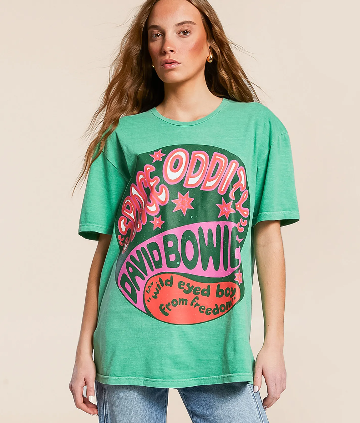 PHILCOS Davie Bowie Space Oddity Oversized Band T-Shirt Green Discount