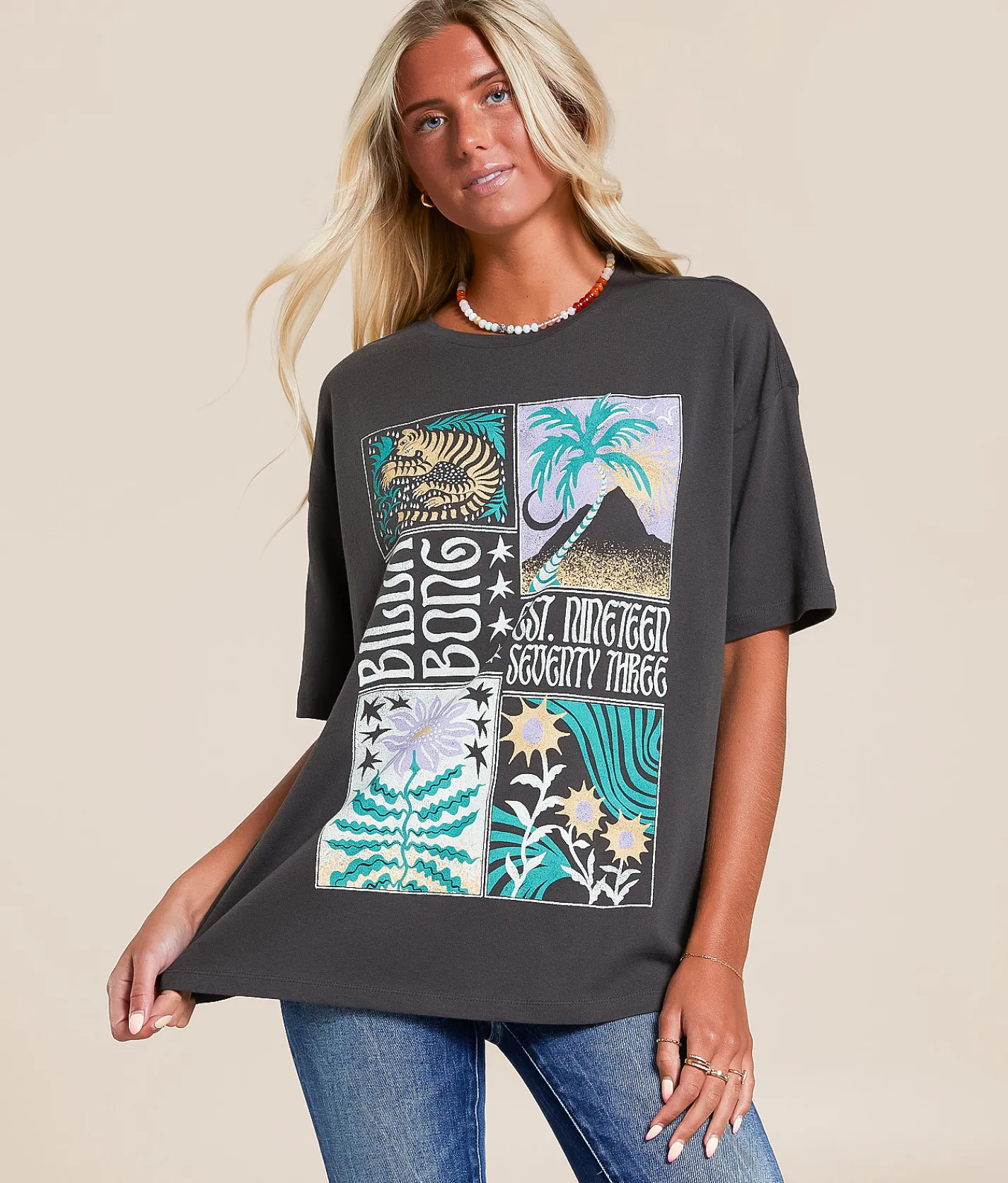 Tops | Billabong Daydream Away Oversized T-Shirt Off Black