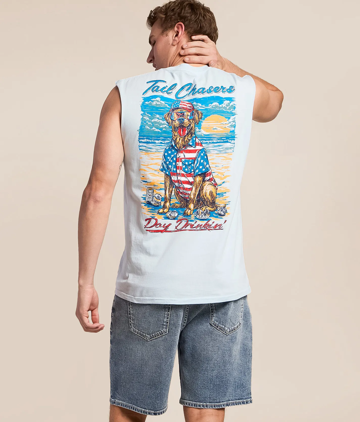 Tail Chasers Club Day Drinkin' Muscle Tank Top Chambray New