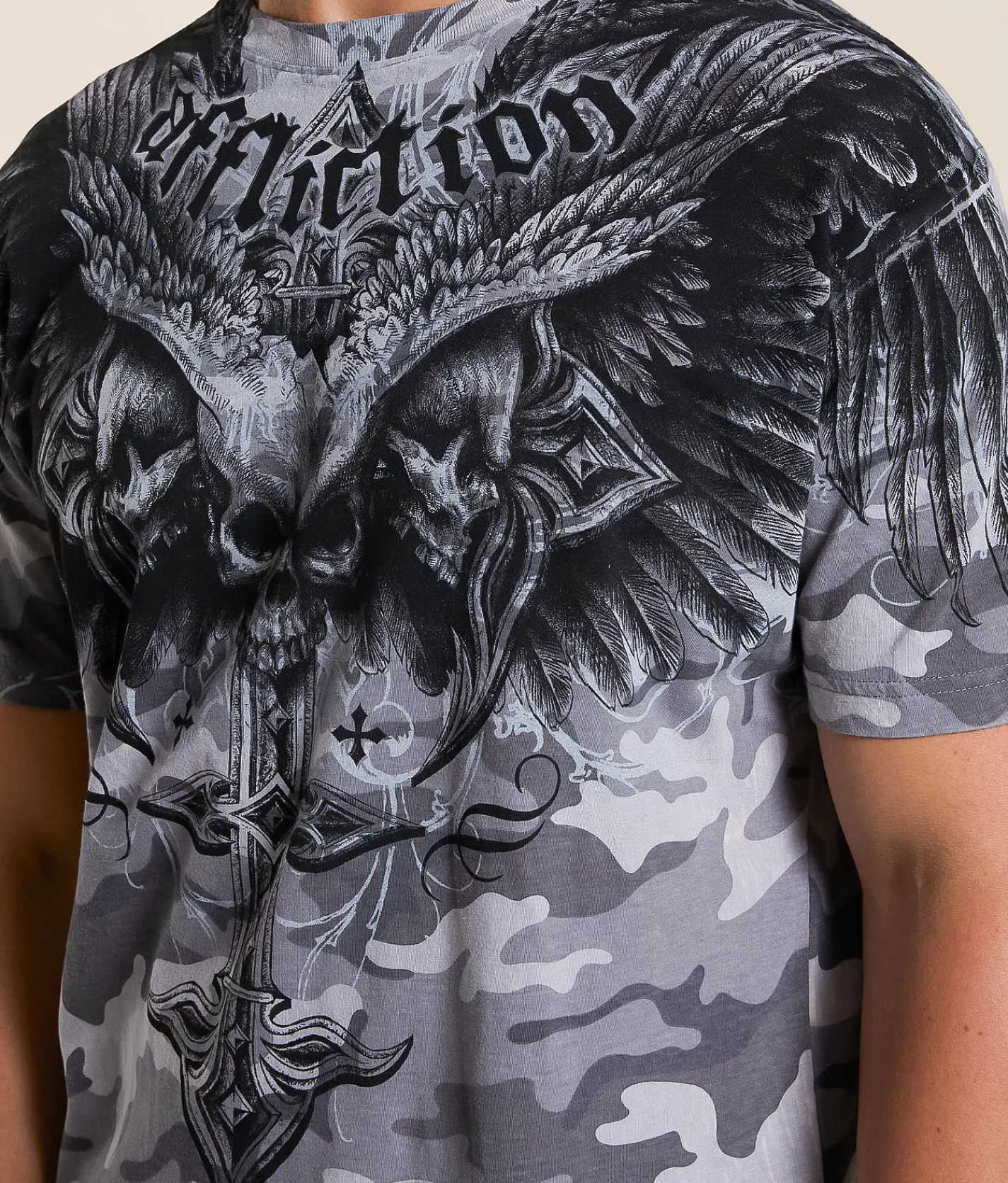 Affliction Death Eyes T-Shirt Grey Camo Lava Wash Outlet