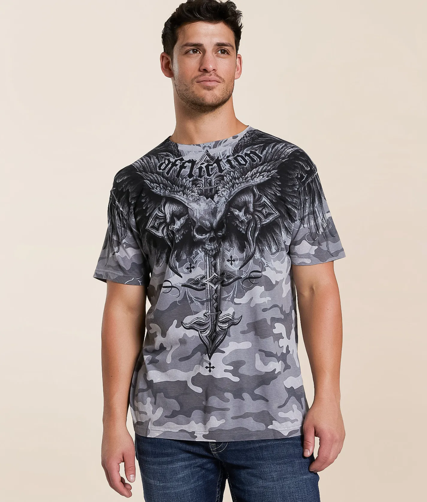 Affliction Death Eyes T-Shirt Grey Camo Lava Wash Outlet