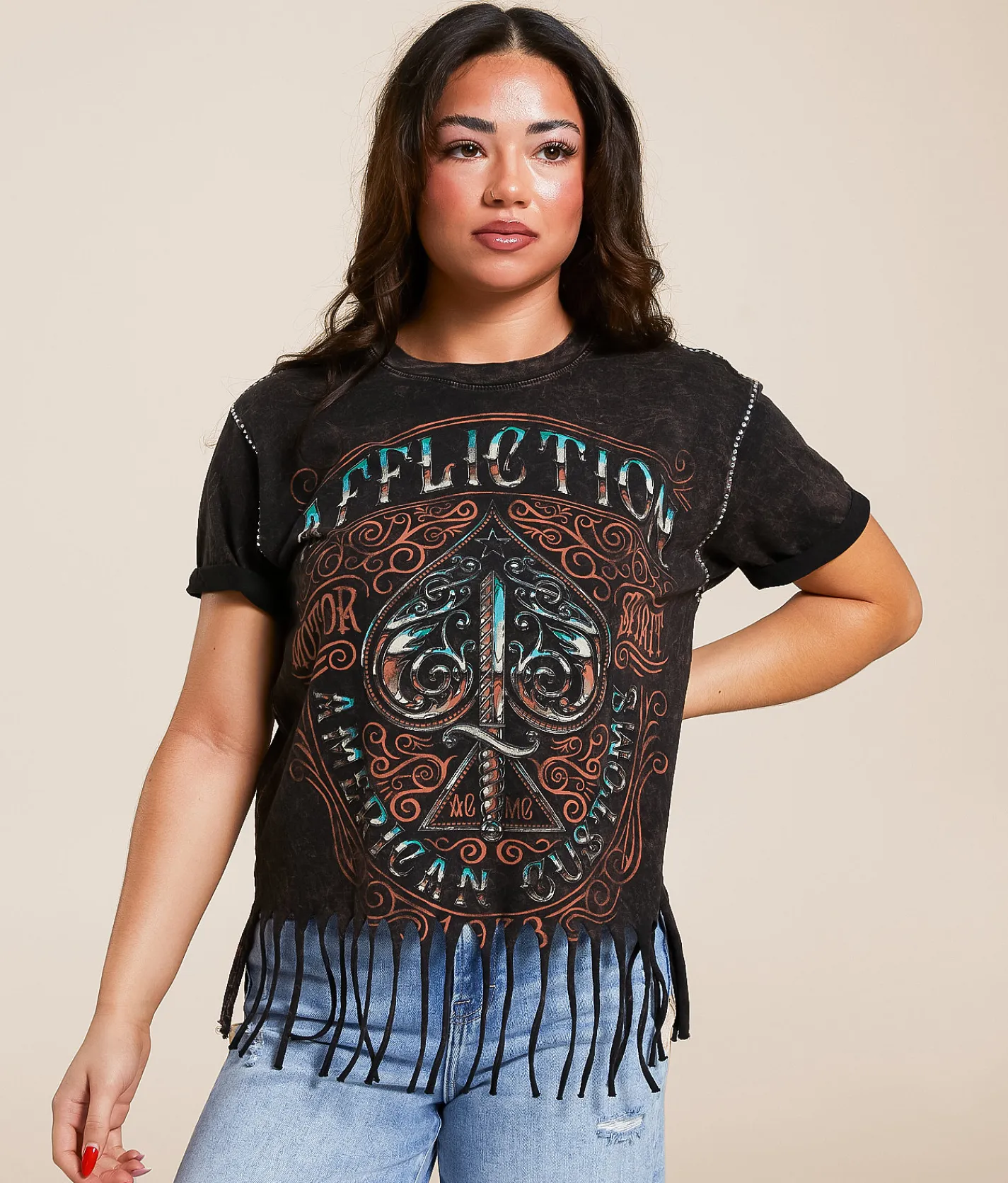 Affliction Death Spade Chrome Fringe T-Shirt Black Brown Lava Wash Discount
