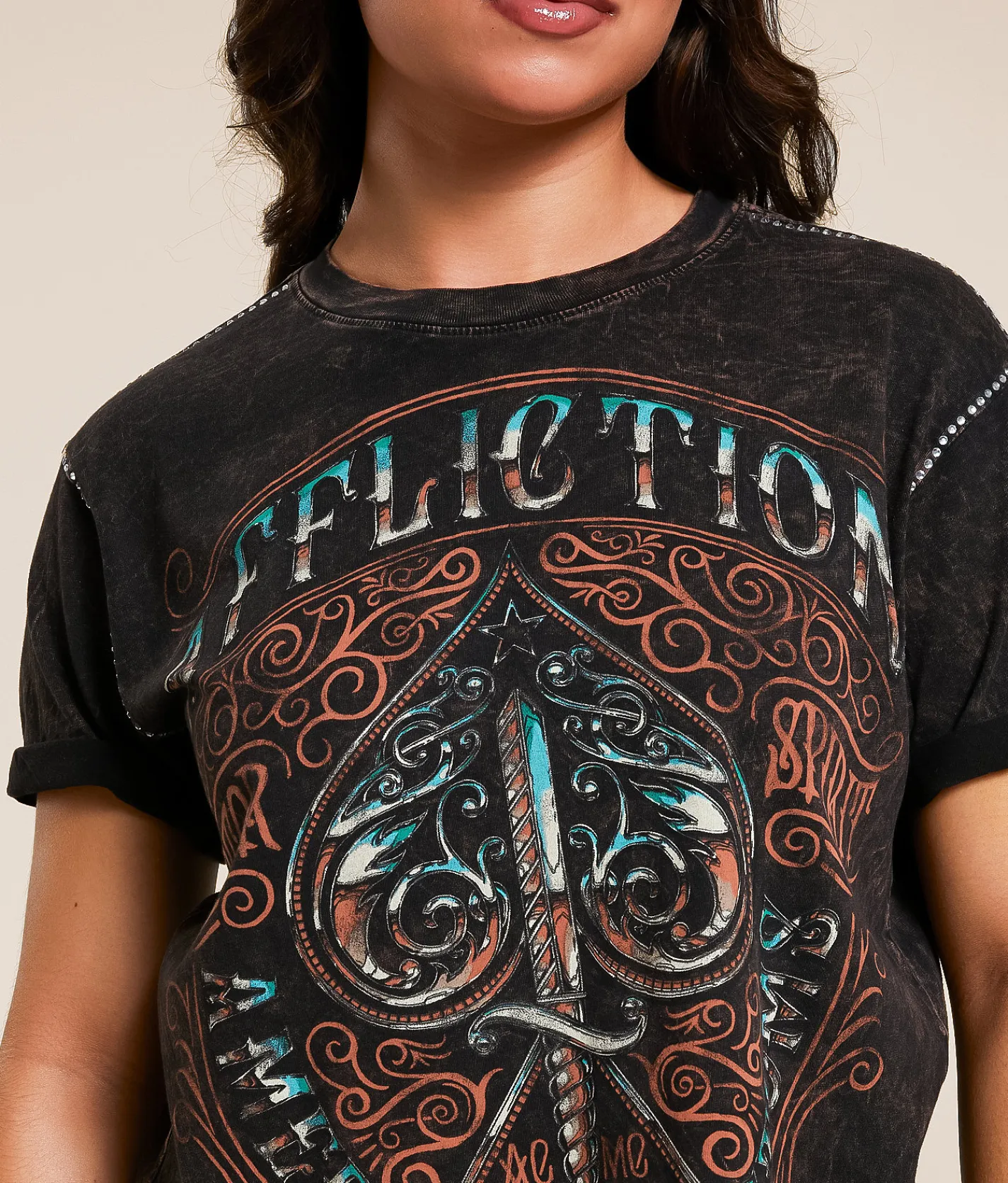 Affliction Death Spade Chrome Fringe T-Shirt Black Brown Lava Wash Discount