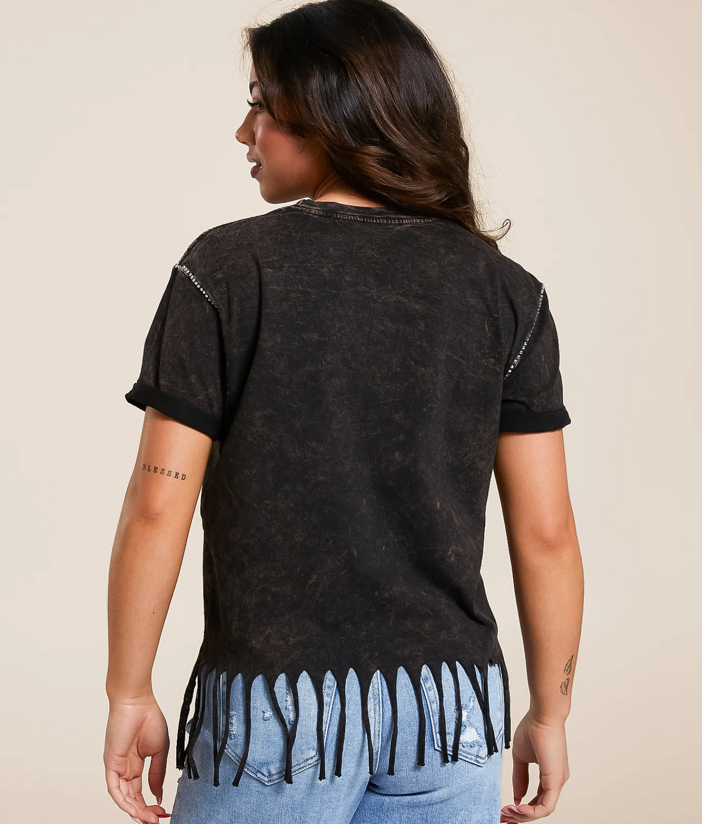 Affliction Death Spade Chrome Fringe T-Shirt Black Brown Lava Wash Discount