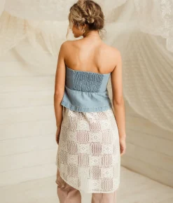 Gimmicks Denim & Lace Tube Top Blue Cream Best