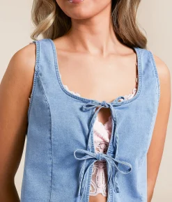Willow & Root Denim Front Tie Cropped Tank Top Blue Clearance
