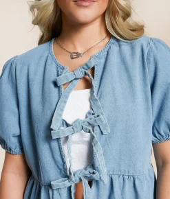 Tops | Blue B Denim Front Tie Peplum Top Light Wash