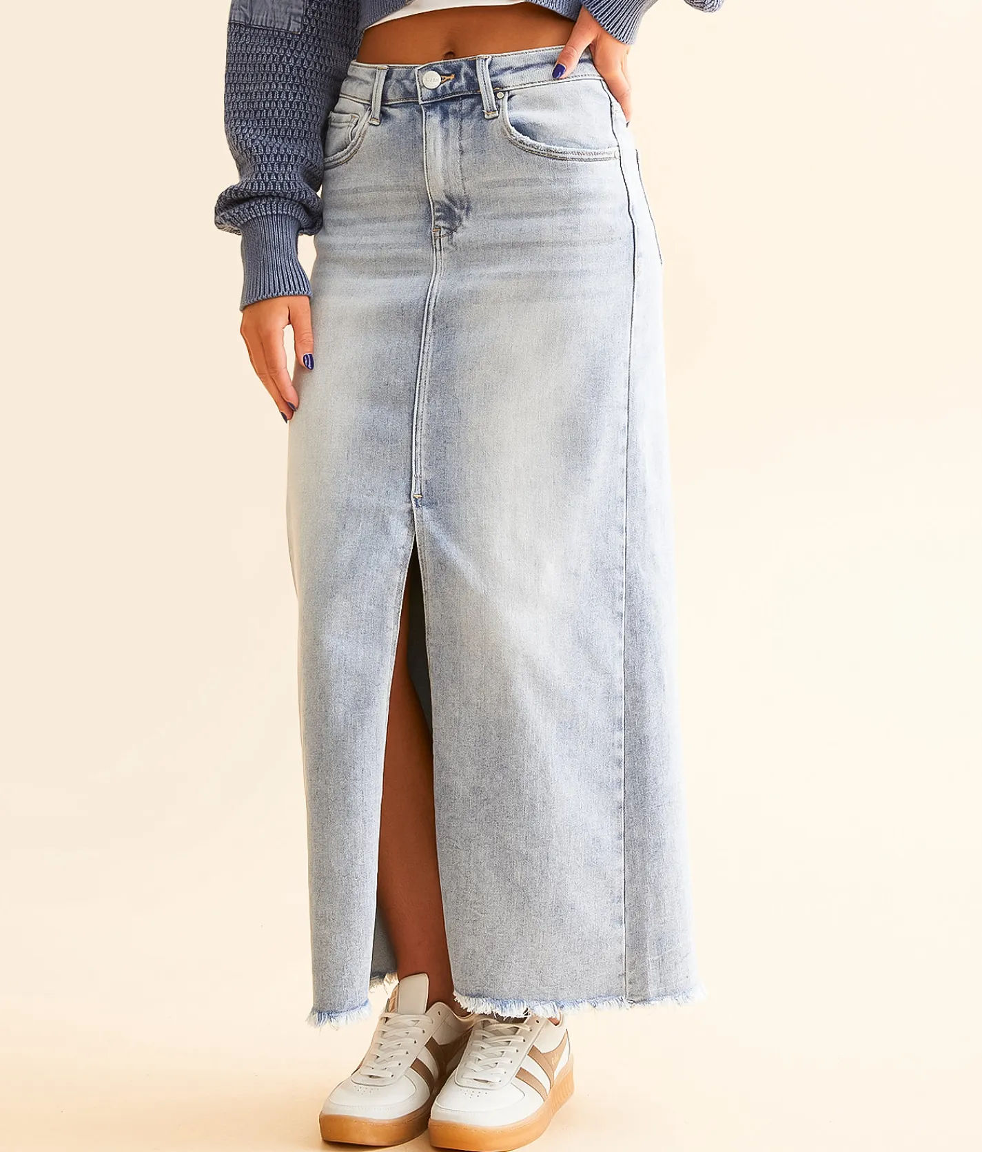 Bottoms | Risen Denim Maxi Stretch Skirt Light