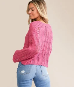 Willow & Root Destructed Boxy Cropped Sweater Fuchsia Purple Best