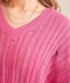 Willow & Root Destructed Boxy Cropped Sweater Fuchsia Purple Best