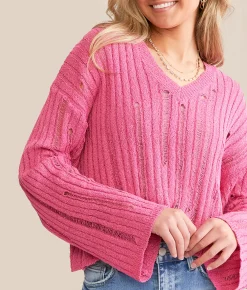 Willow & Root Destructed Boxy Cropped Sweater Fuchsia Purple Best