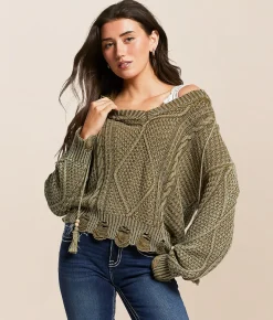 Tops | Miss Me Destructed Cable Knit Hooded Sweater Olive Green