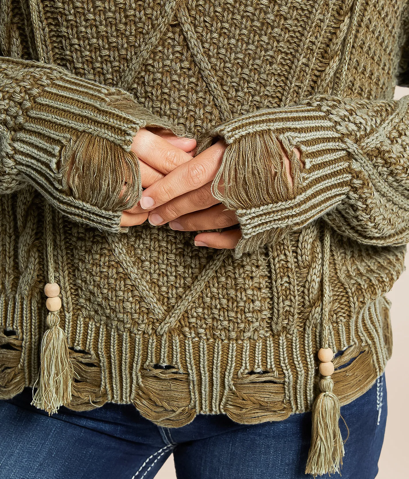 Tops | Miss Me Destructed Cable Knit Hooded Sweater Olive Green