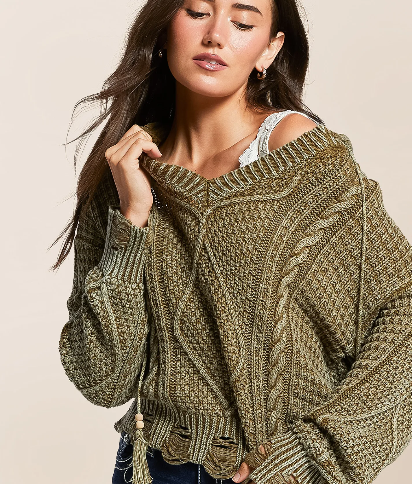 Tops | Miss Me Destructed Cable Knit Hooded Sweater Olive Green