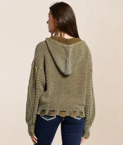 Tops | Miss Me Destructed Cable Knit Hooded Sweater Olive Green