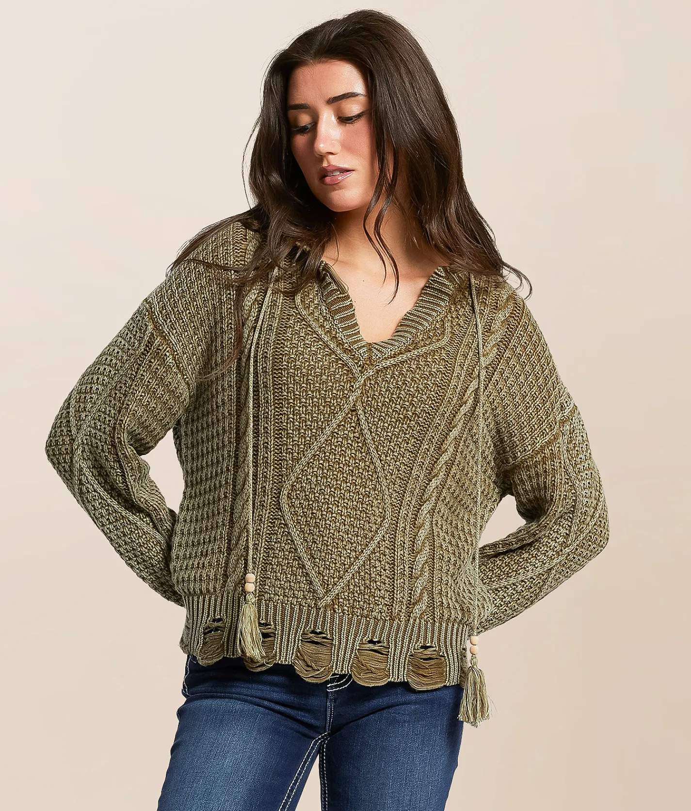 Tops | Miss Me Destructed Cable Knit Hooded Sweater Olive Green