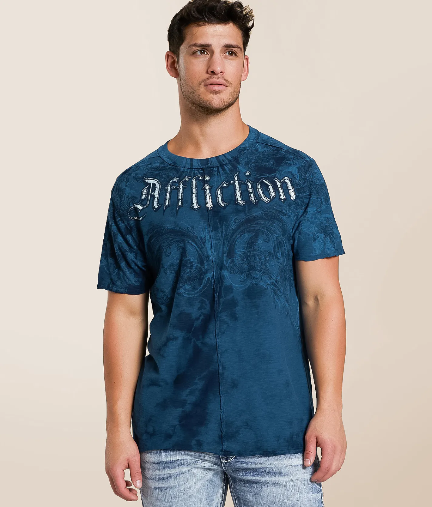 Tops|Graphic T-Shirts | Affliction Detail T-Shirt Aegean Blue Tea Stain