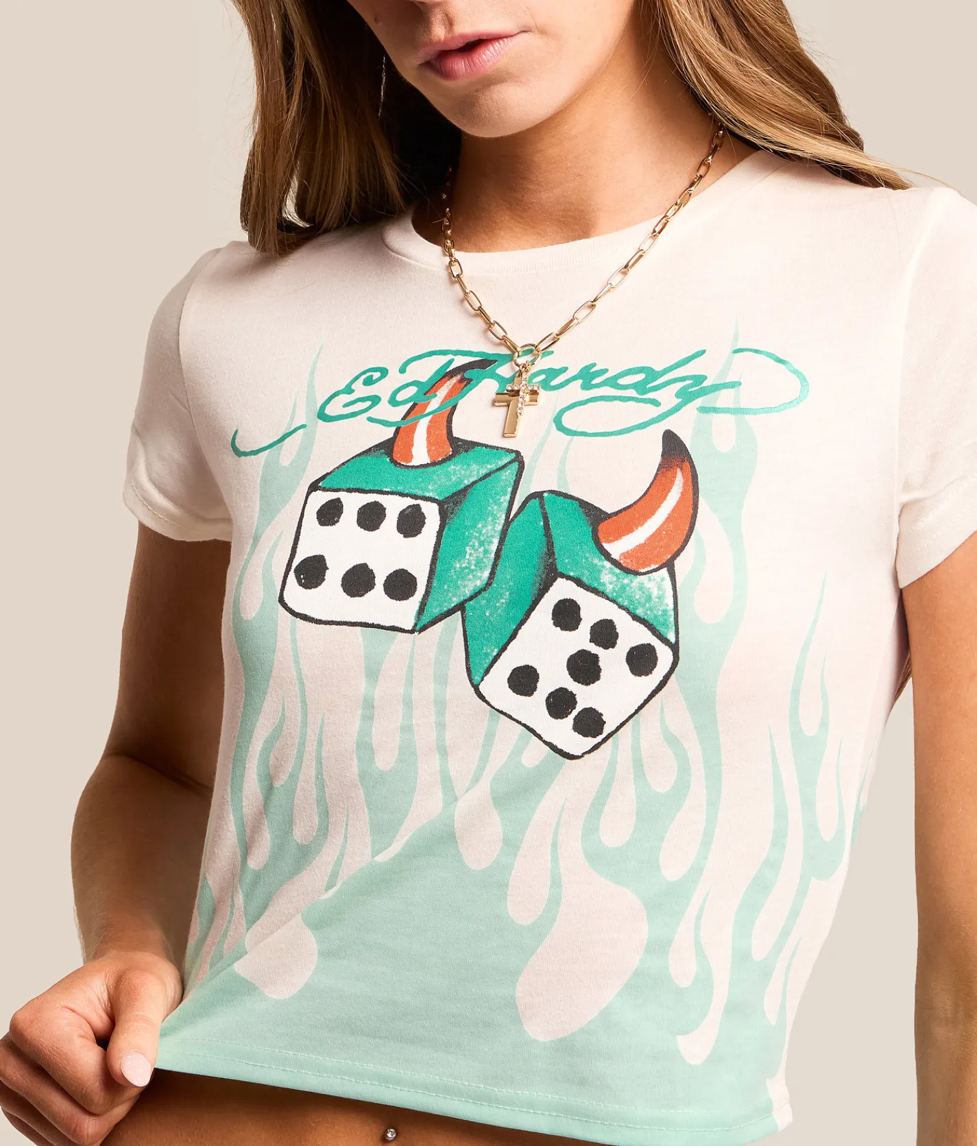 Ed Hardy Deviled Dice Baby Cropped T-Shirt Ivory