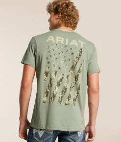Tops|Graphic T-Shirts | Ariat Digibias Flag T-Shirt Olive Heather