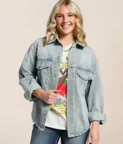 Tops|Coats & Jackets | Signature 8 Distressed Denim Shacket Medium Denim