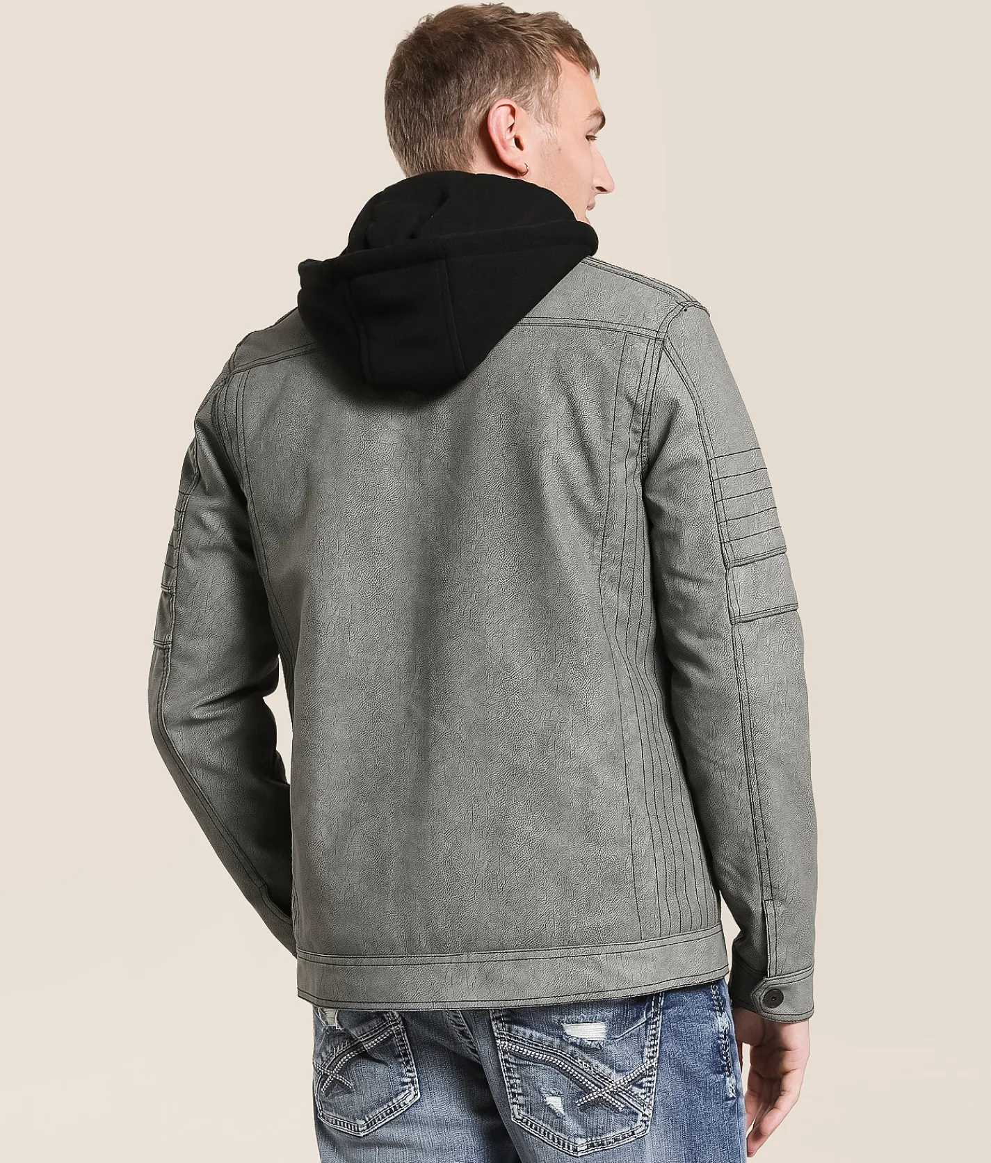Buckle Black Distressed Faux Leather Hooded Jacket Grey Clearance