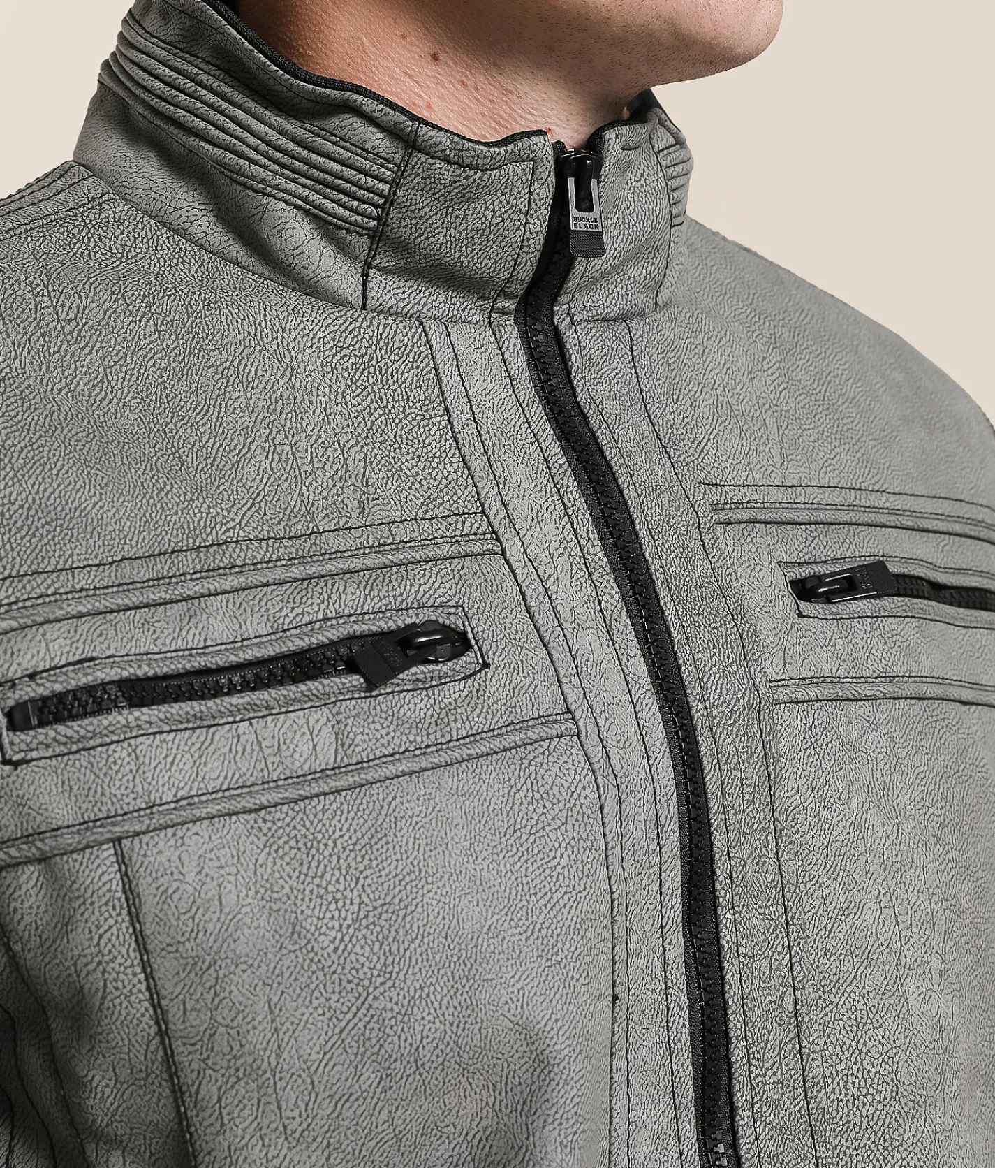 Buckle Black Distressed Faux Leather Hooded Jacket Grey Clearance