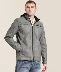 Buckle Black Distressed Faux Leather Hooded Jacket Grey Clearance