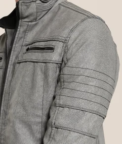 Buckle Black Distressed Faux Leather Hooded Jacket Grey Clearance