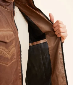 Buckle Black Distressed Faux Leather Jacket Cognac Clearance
