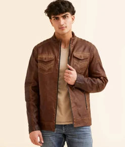 Buckle Black Distressed Faux Leather Jacket Cognac Clearance