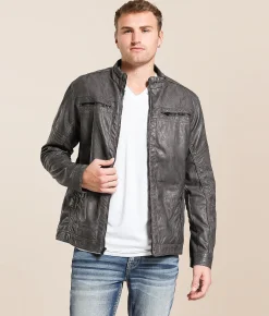 Buckle Black Distressed Faux Leather Jacket Grey Online