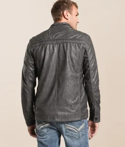 Buckle Black Distressed Faux Leather Jacket Grey Online