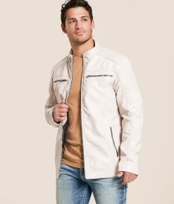 Buckle Black Distressed Faux Leather Jacket Cream Online