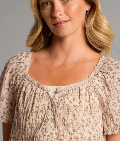 BKE Ditsy Floral Pleated Henley Cream Brown Online