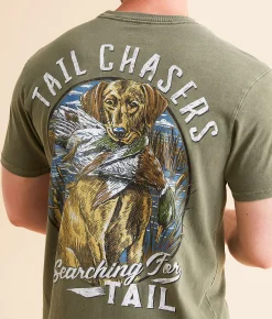 Tail Chasers Club Dog & Duck T-Shirt Moss Pigment Dye New
