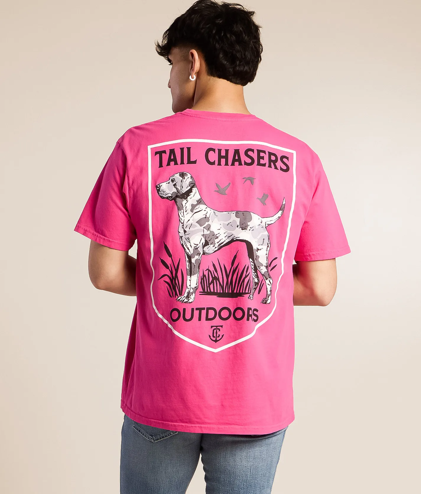 Tops|Graphic T-Shirts | Tail Chasers Club Dog Outdoors T-Shirt Carmine Rose Pigment Dye