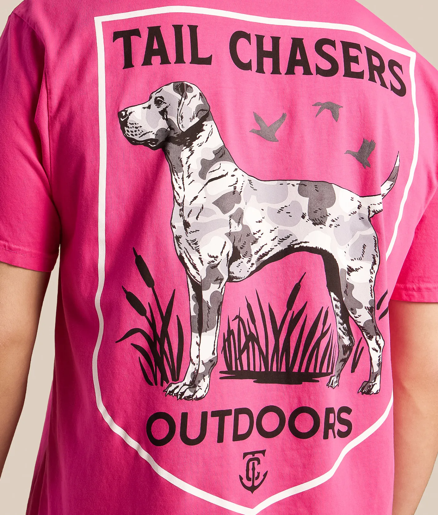 Tops|Graphic T-Shirts | Tail Chasers Club Dog Outdoors T-Shirt Carmine Rose Pigment Dye