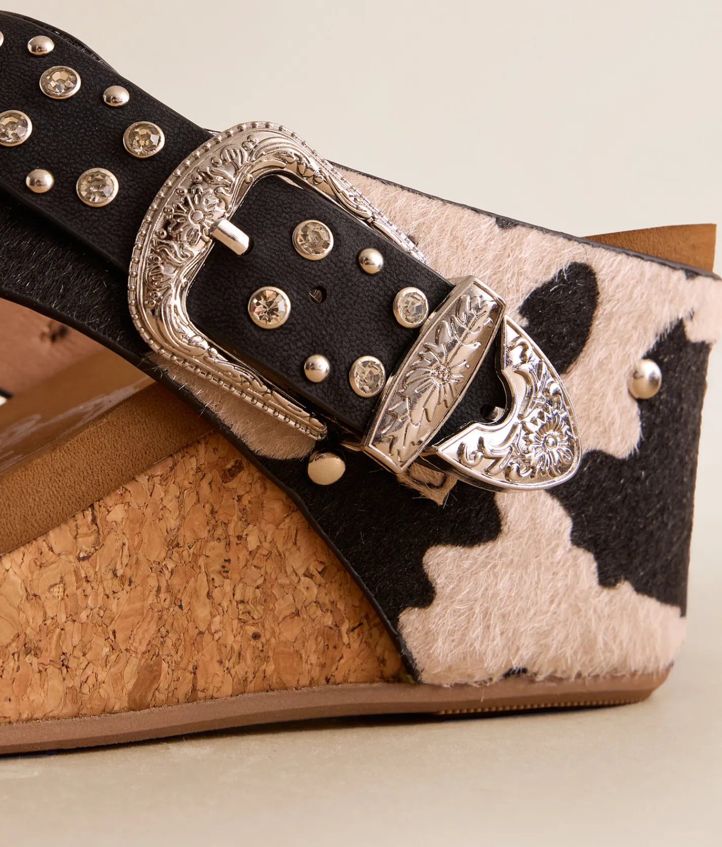 Very G Dolly Cow Print Wedge Sandal Black New
