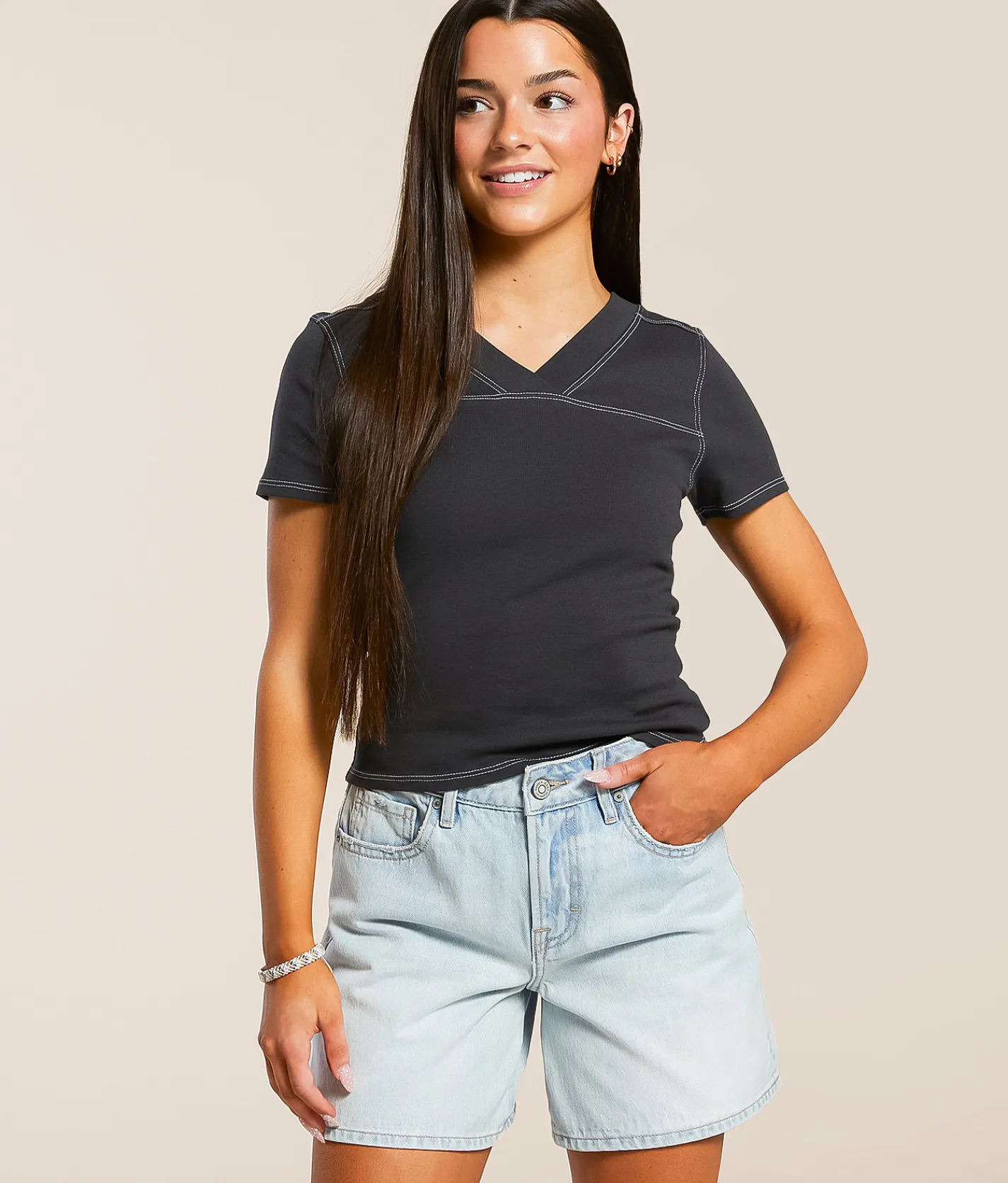 Tops | FITZ + EDDI Double V-Neck Top Charcoal