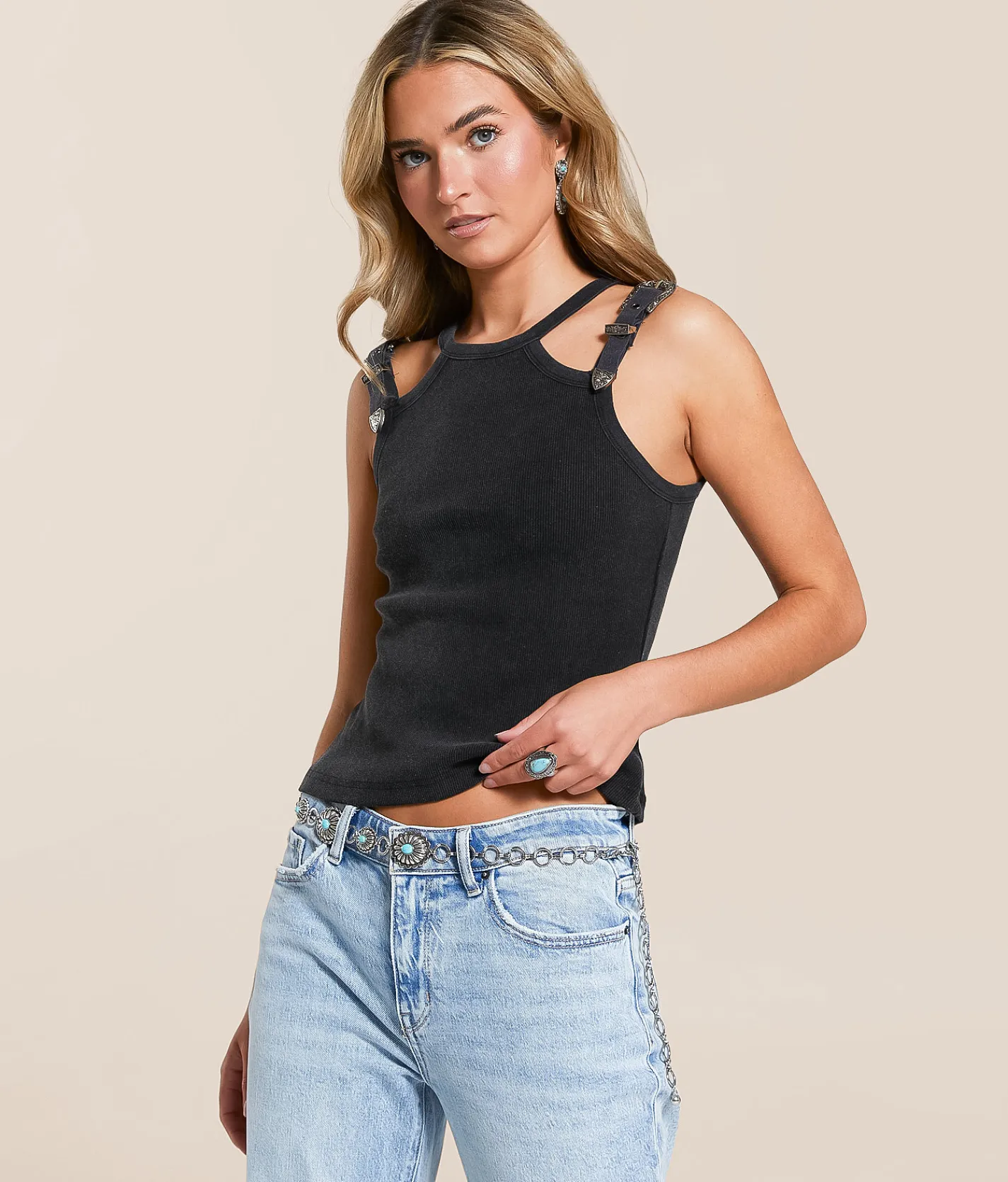 Tops | Blue B Double Western Buckle Strap Tank Top Black
