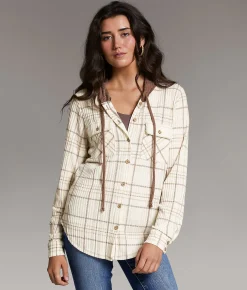 BKE Eased Plaid Hooded Shirt IVORY BROWN Hot