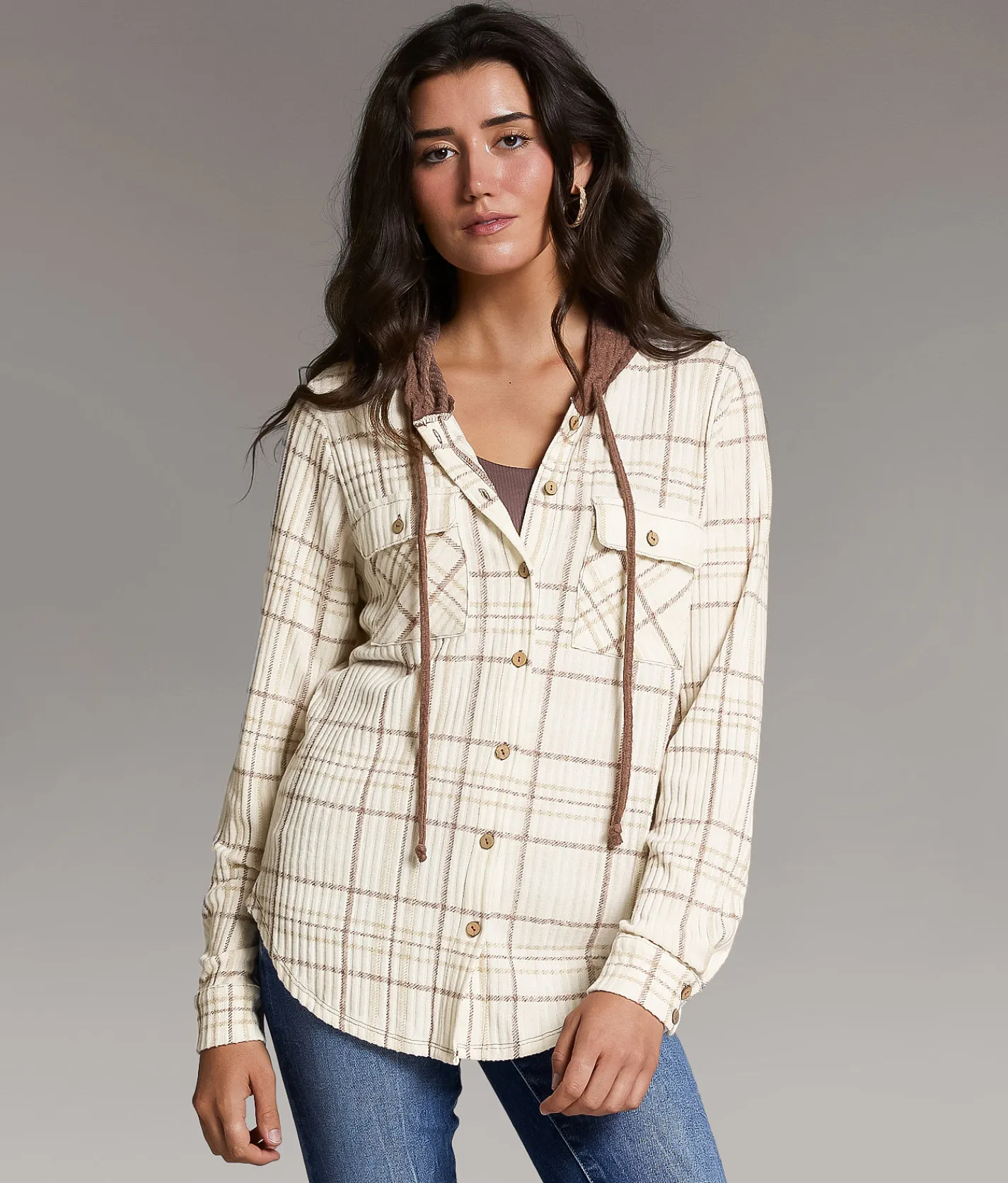 BKE Eased Plaid Hooded Shirt IVORY BROWN Hot