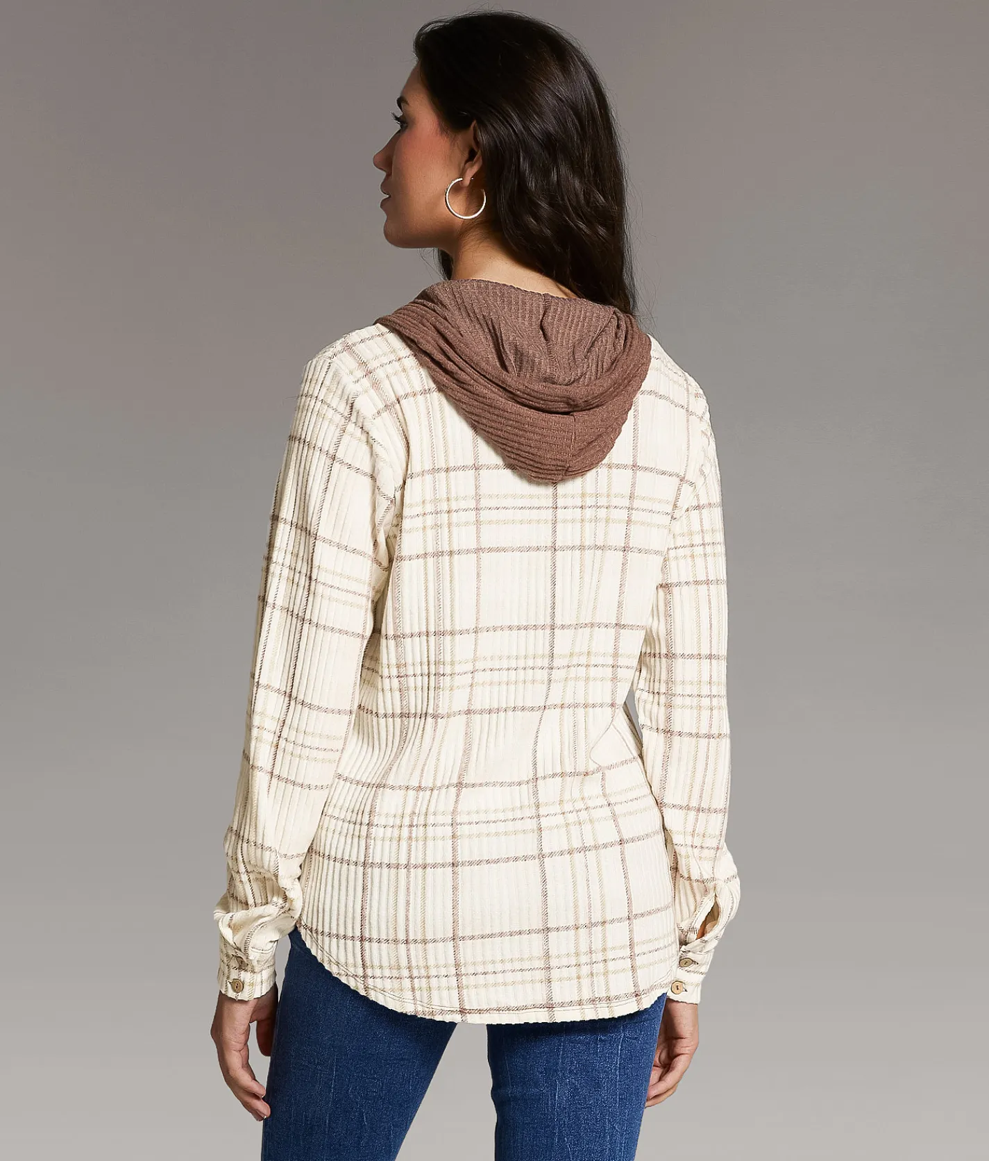 BKE Eased Plaid Hooded Shirt IVORY BROWN Hot
