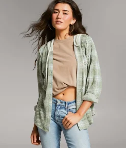 Tops | BKE Eased Plaid Hooded Shirt Olive Cream