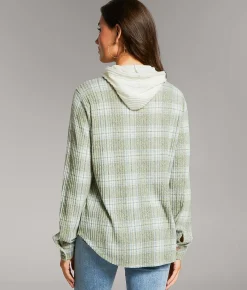 Tops | BKE Eased Plaid Hooded Shirt Olive Cream